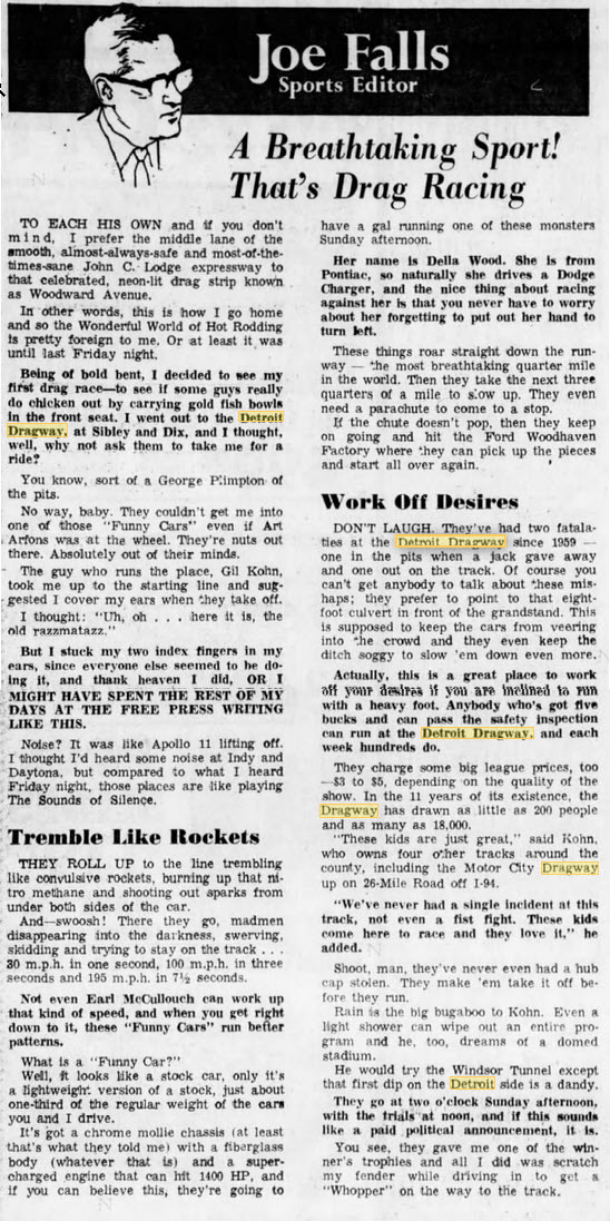 Detroit Dragway - Joe Falls With The Outsiders View Of Drag Racing Aug 24 1969 (newer photo)